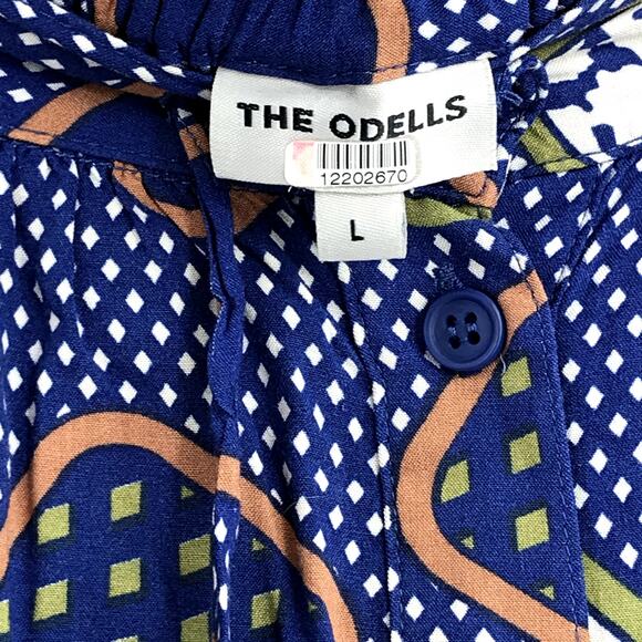 Odells Printed Button Front Midi Skirt L Drawstring Geometric Shirttail Slit - Picture 3 of 9